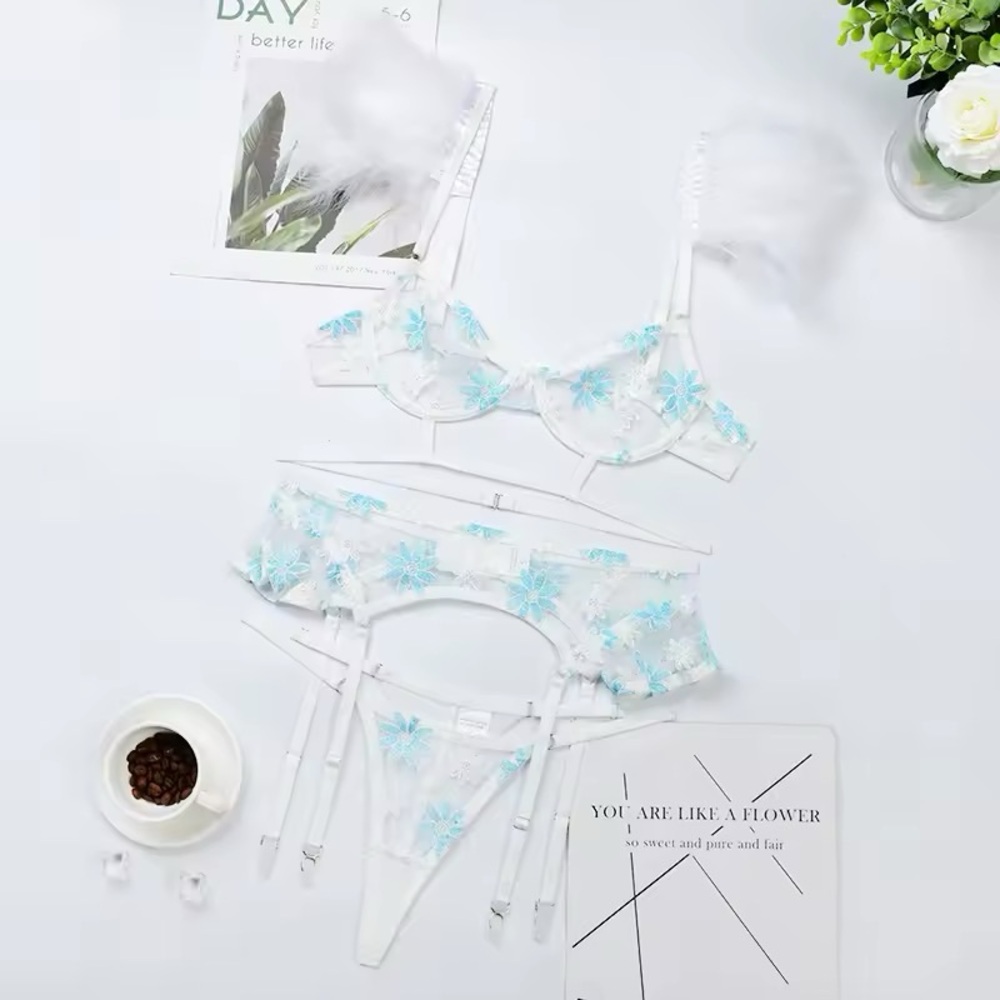 Spring Feather Floral Ruffle Garter | Bra | Thong Lingerie Boudoir Set - Picture 14 of 15